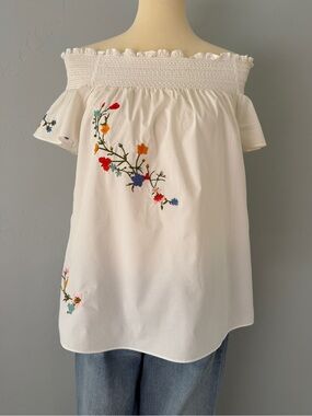 Tory Burch Off-Shoulder Floral Embroidered Top White Multicolor Cotton US 8